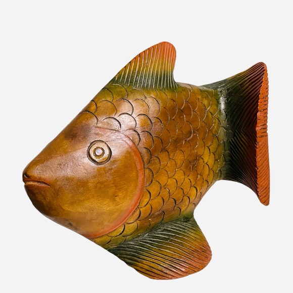 Fish Wood Sculpture - Green and Orange - Picture 1 of 8